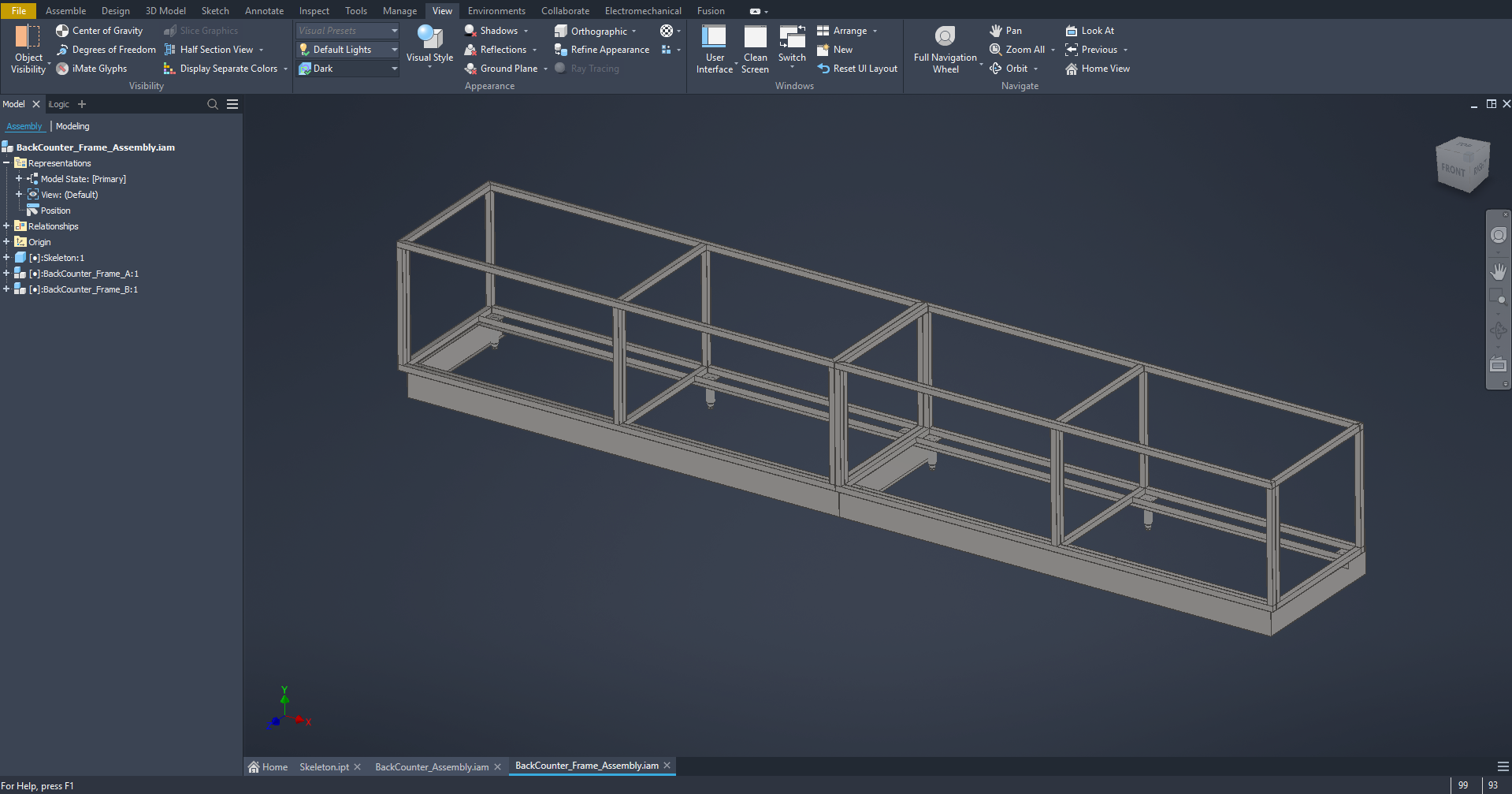 Back counter frame assembly generated from the driving skeleton