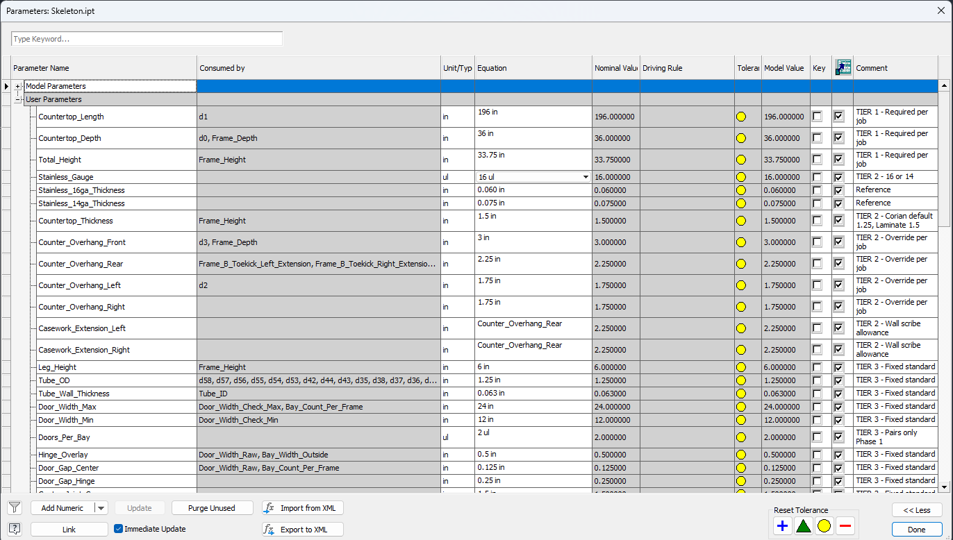 Parameter table showing tiered classification of dimensions in Autodesk Inventor