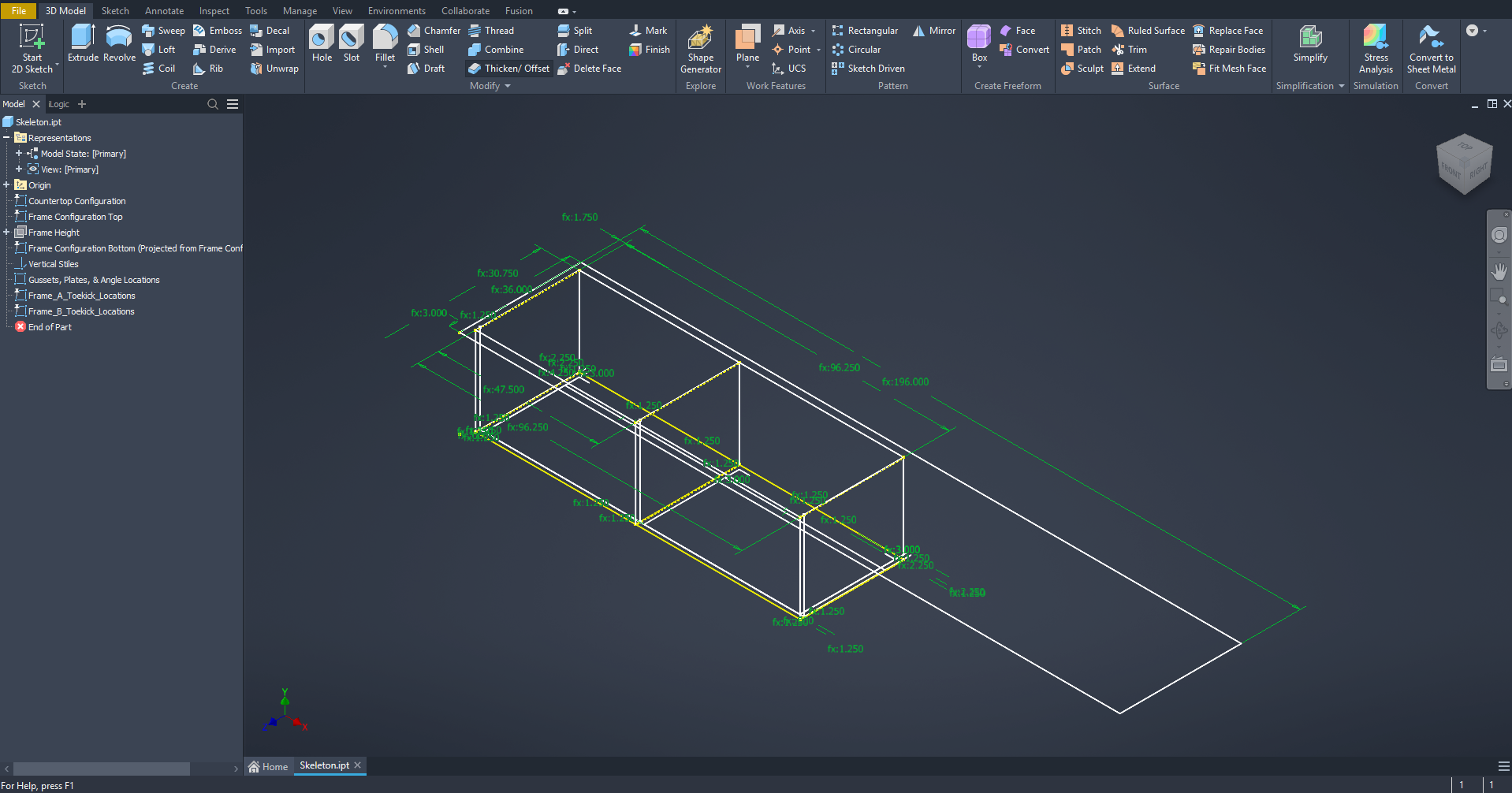Skeleton.ipt driving sketch with dimensional parameters in Autodesk Inventor